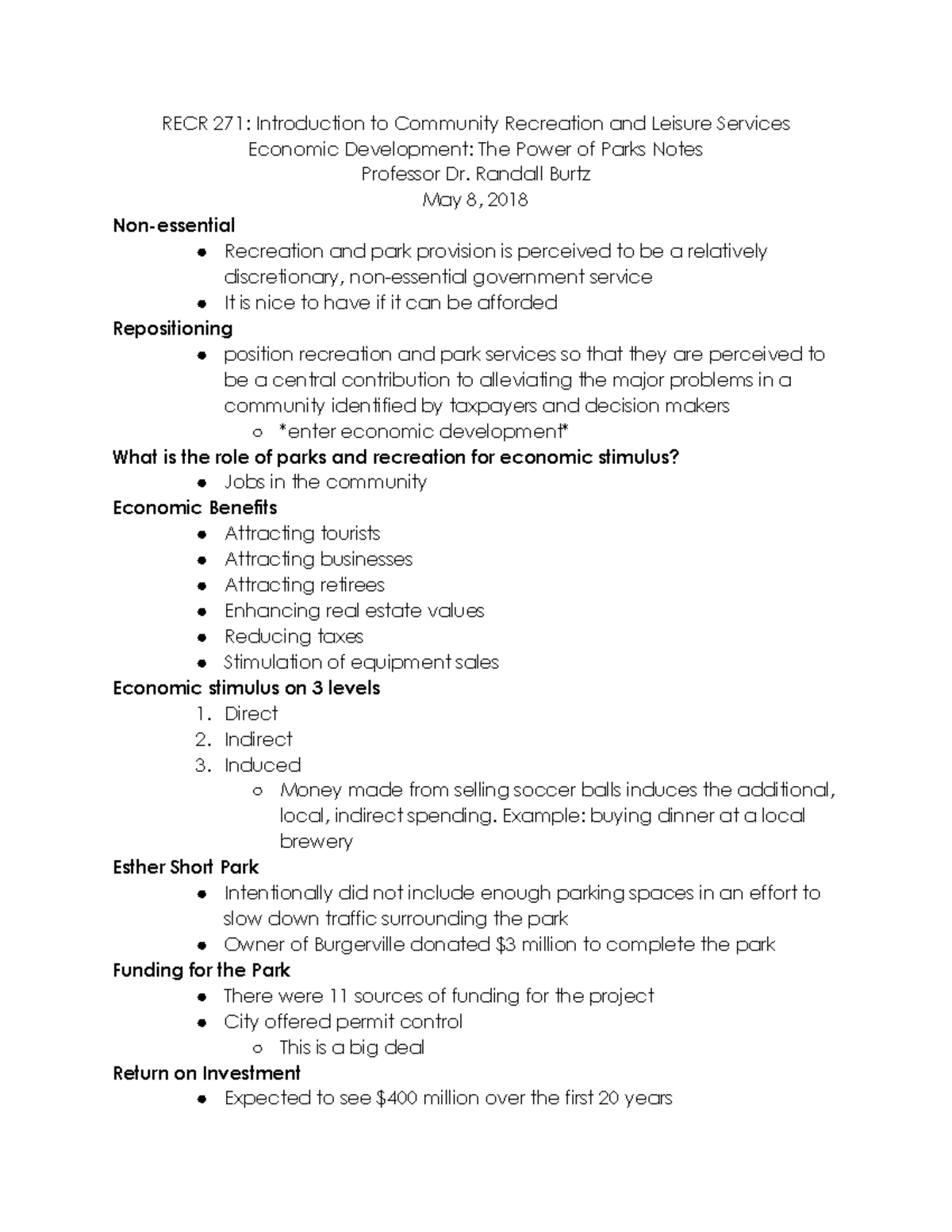 Esther Short The Power of Parks Notes RECR 271 Introduction to