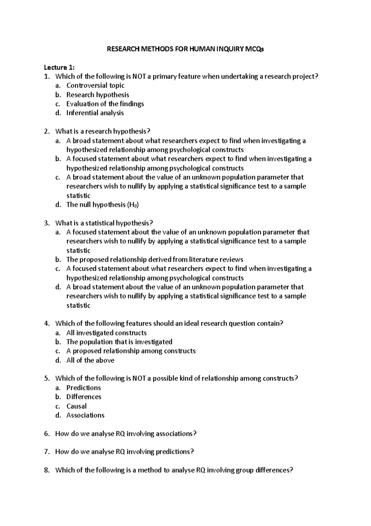 22087-sample - RESEARCH METHODS FOR HUMAN INQUIRY MCQs Lecture 1: Which ...