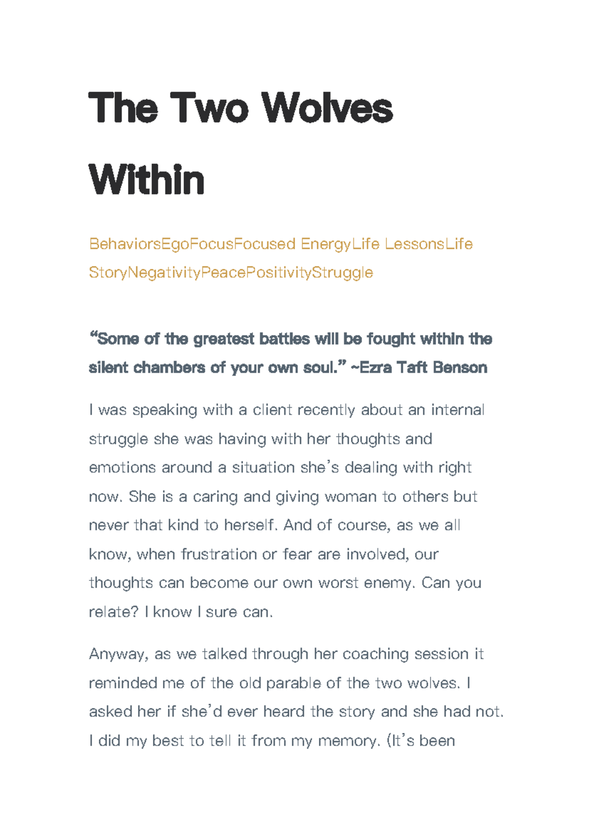 The Two Wolves Within - inspirational story - The Two Wolves Within ...