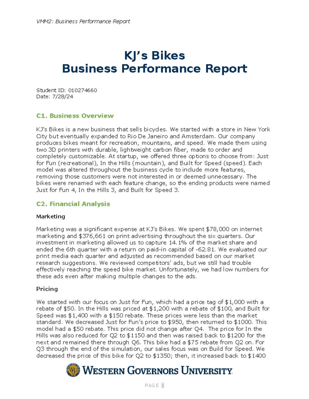 D361 task 1 - Business Simulation task 1 - VMM2: Business Performance ...