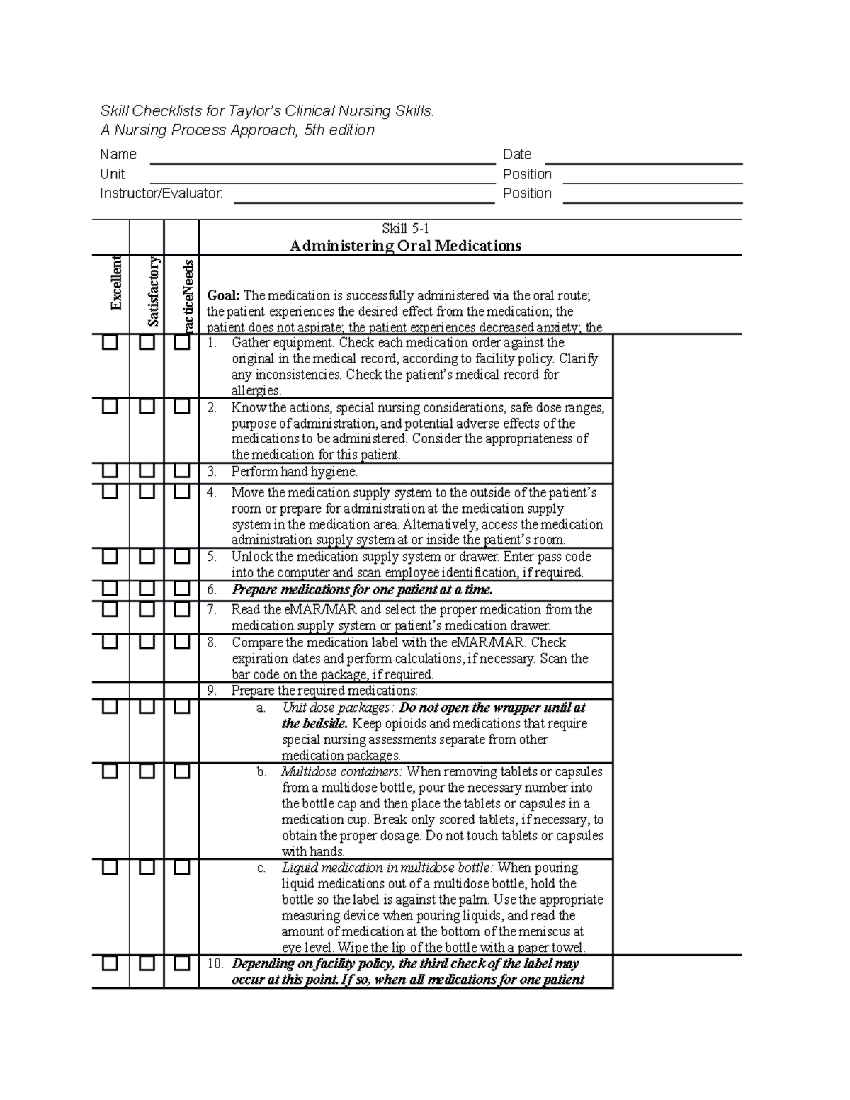 Skill Checklists for Oral Medication Administration Skill Checklists