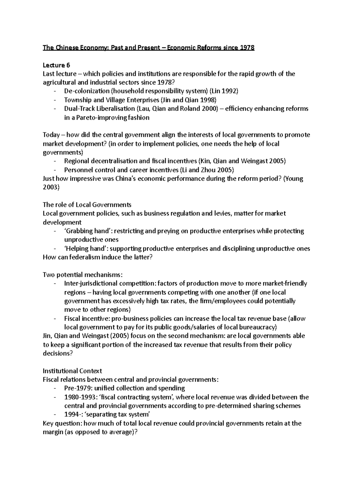 China Week 6 - Week 6 notes - The Chinese Economy: Past and Present ...