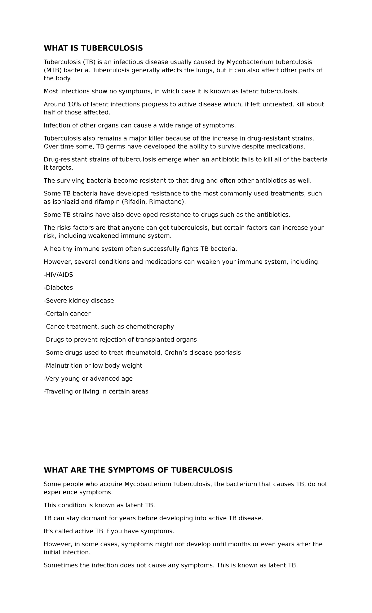 Tuberculosis - WHAT IS TUBERCULOSIS Tuberculosis (TB) is an infectious ...