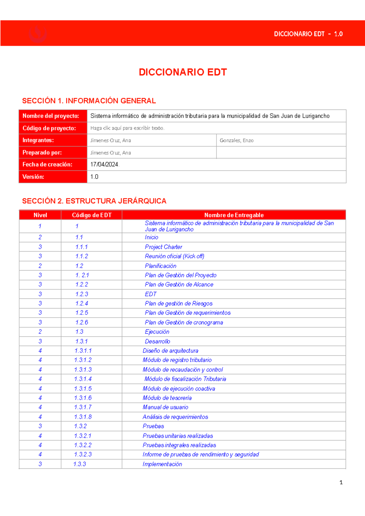 1.- Diccionario EDT - DICCIONARIO EDT SECCIÓN 1. INFORMACIÓN GENERAL ...