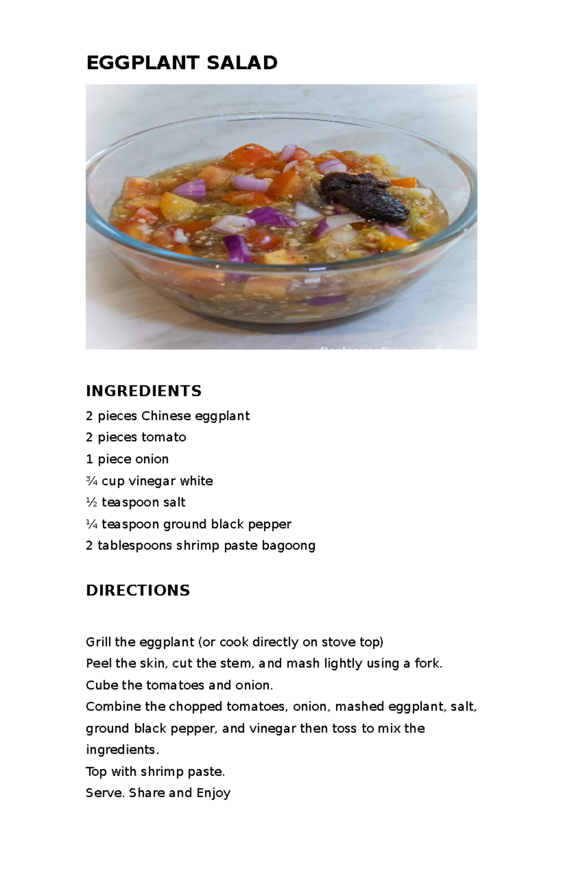 Pinoy vegie salad EGGPLANT SALAD INGREDIENTS 2 pieces Chinese