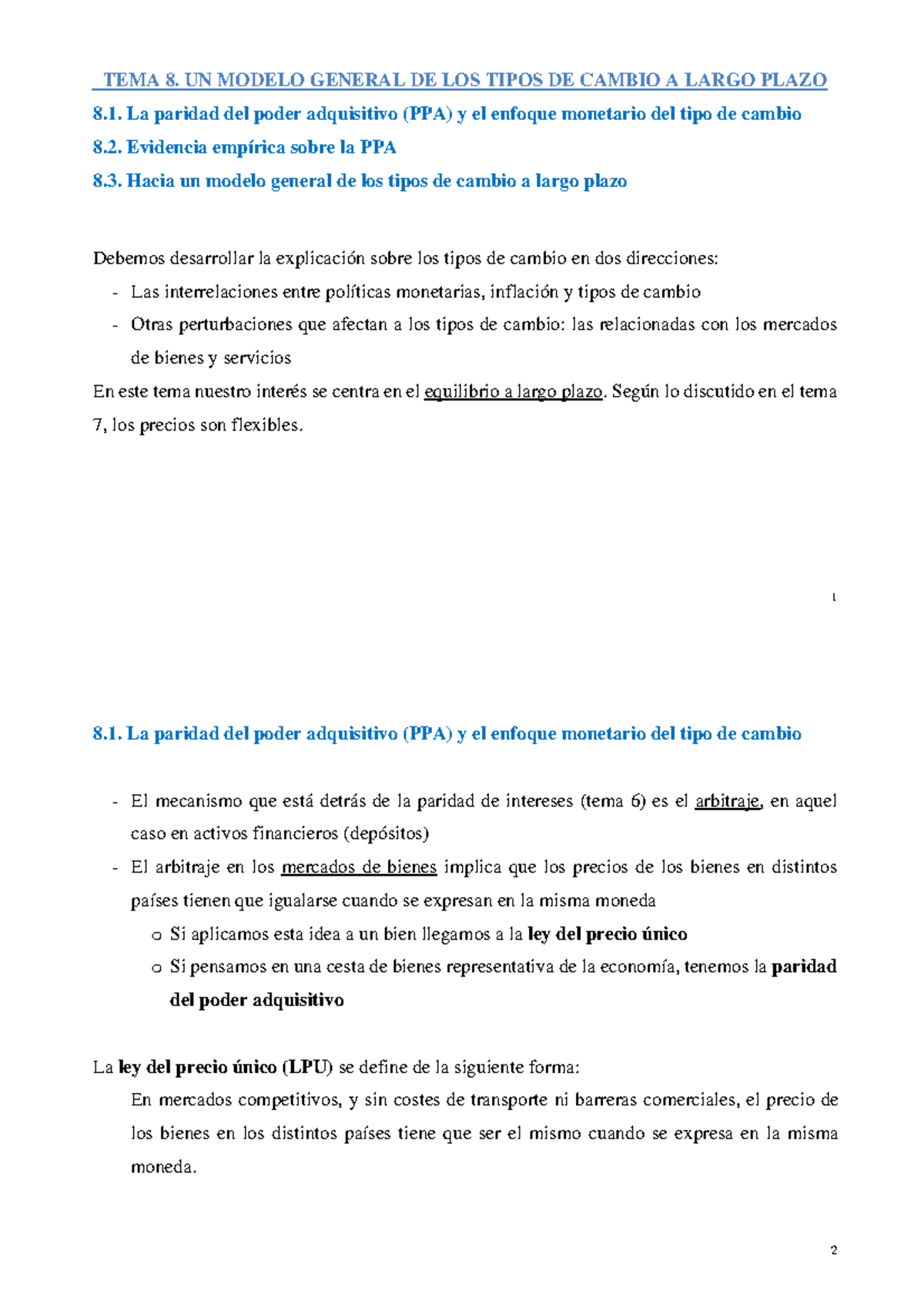 APUNTES TEMA 8 UN MODELO GENERAL DE LOS TIPOS DE CAMBIO A LARGO PLAZO - 1  TEMA 8. UN MODELO GENERAL - Studocu