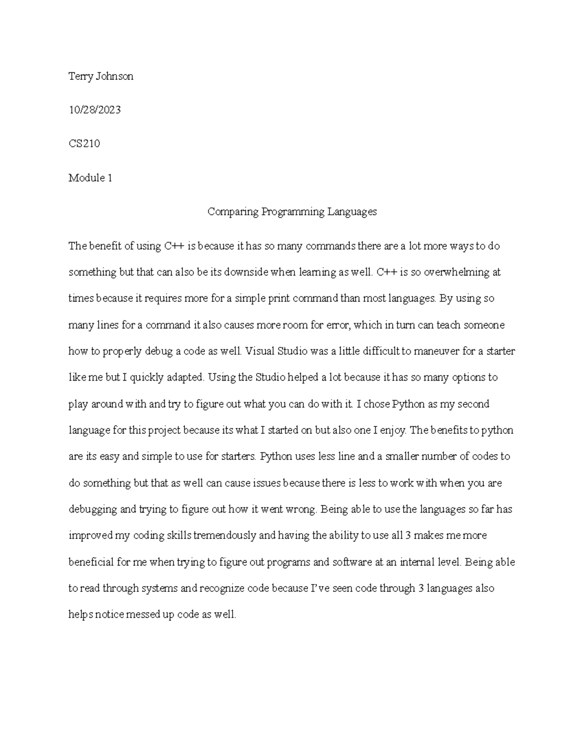 Terry Johnson CS 210Mod1 - Terry Johnson 10/28/ CS Module 1 Comparing ...