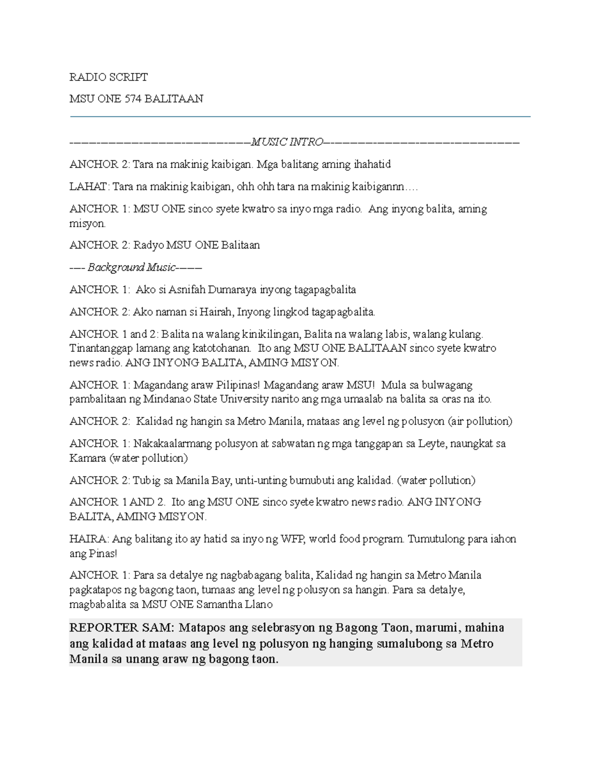 Radio Script - RADIO SCRIPT MSU ONE 574 BALITAAN -MUSIC INTRO- ANCHOR 2 ...