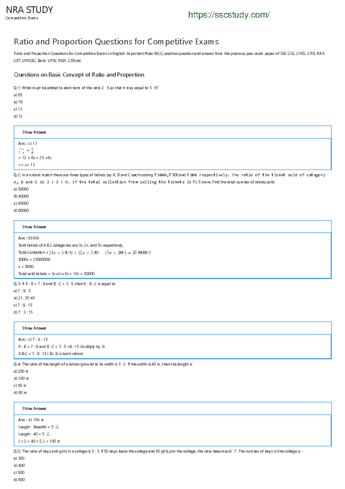 case study questions on ratio and proportion