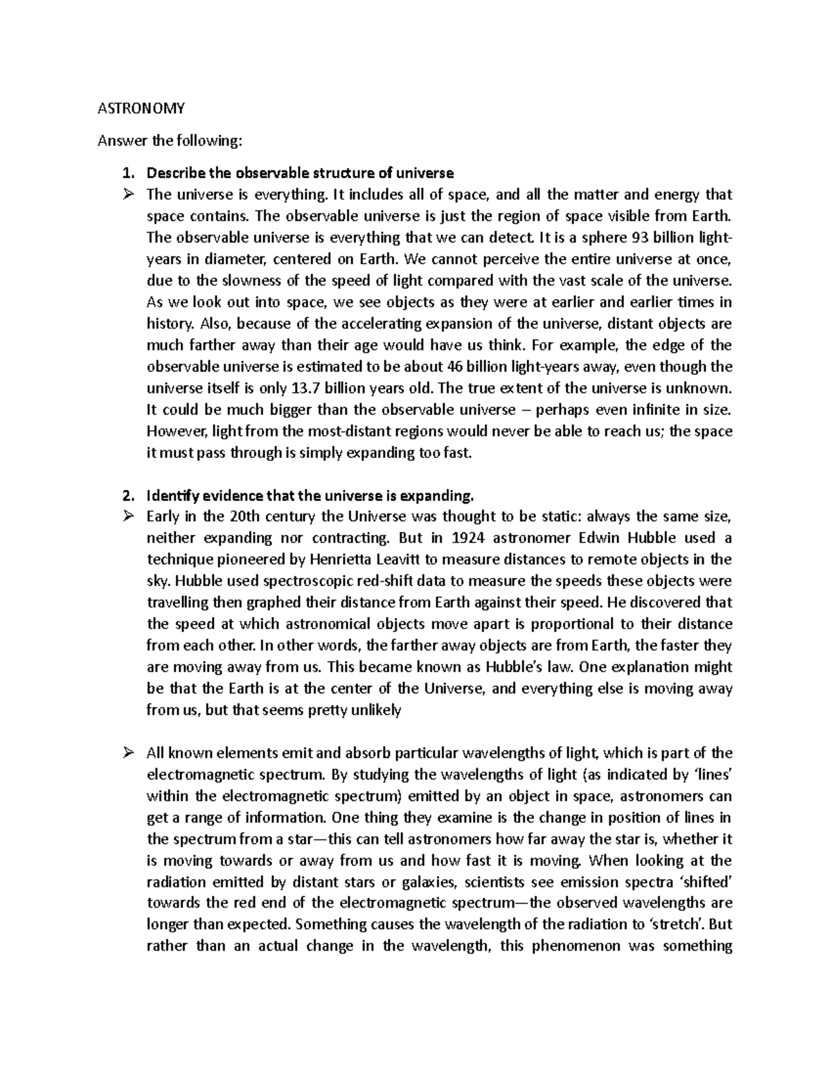 Astro 2 - Astronomy Answer The Following: Describe The Observable 