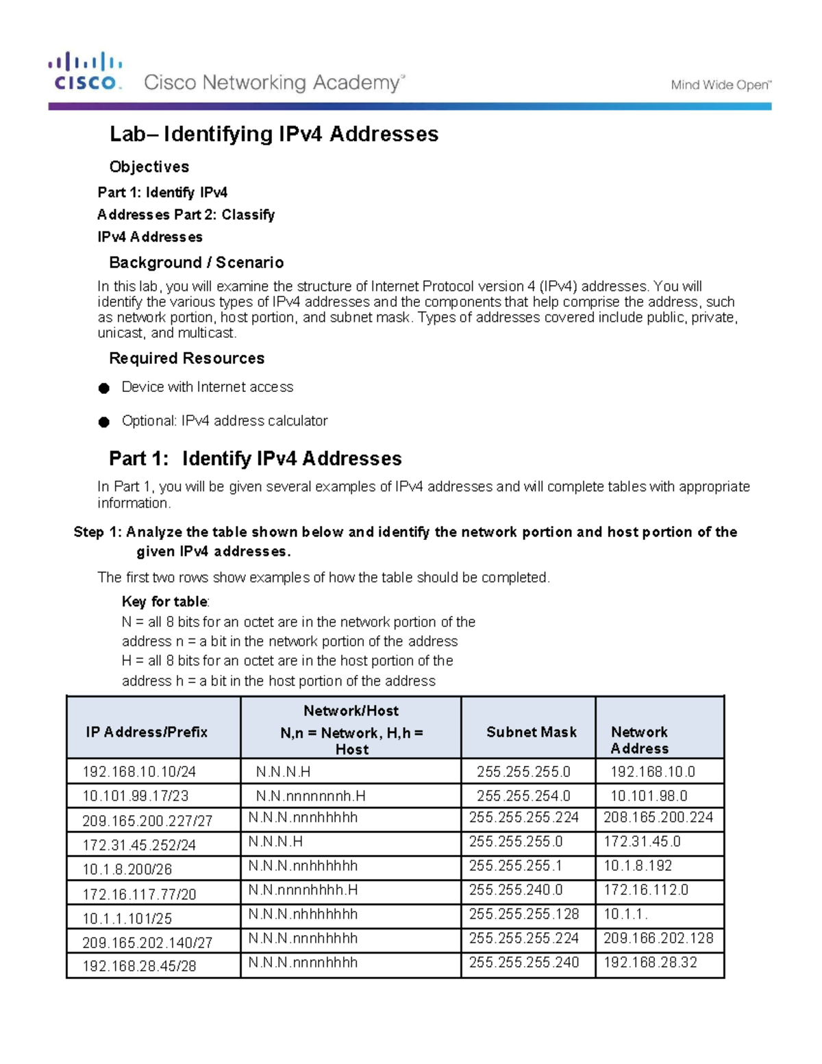 Lab 1.2 Identifying IPv4 Addresses - Lab– Identifying IPv4 Addresses ...