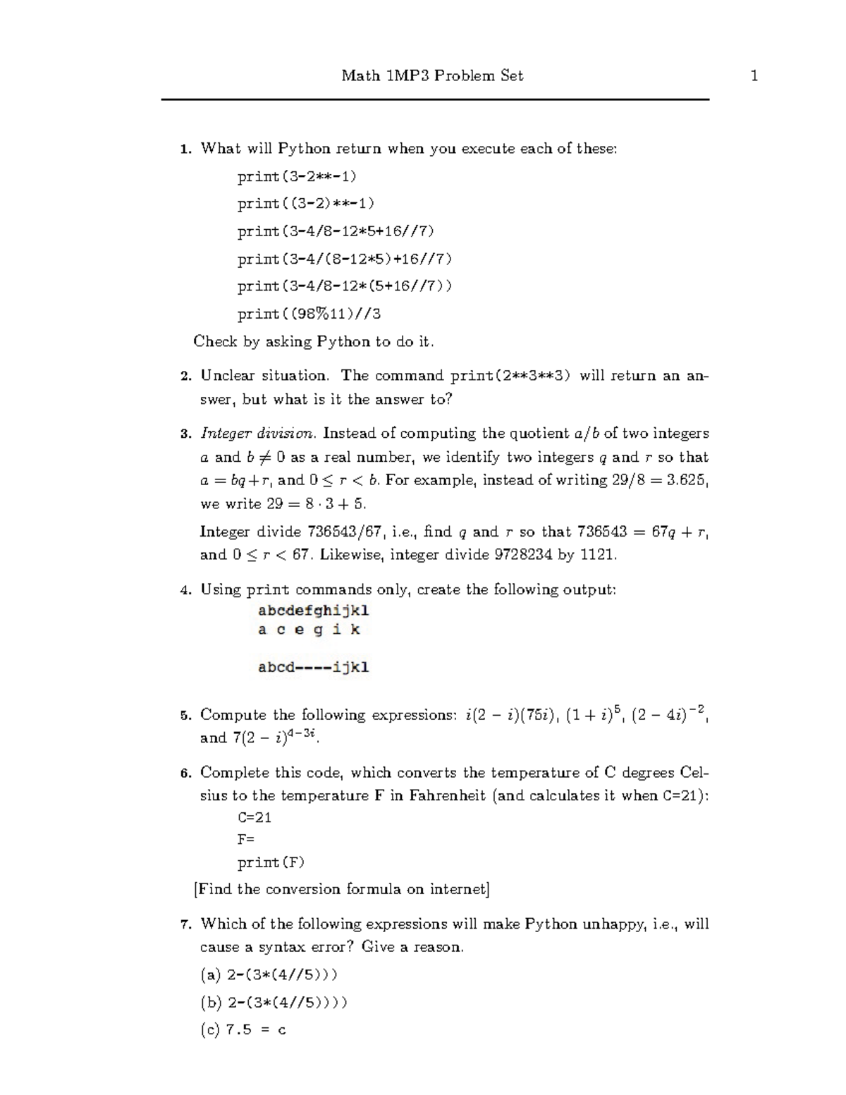 1mp3 practiceproblemset - What will Python return when you execute each ...