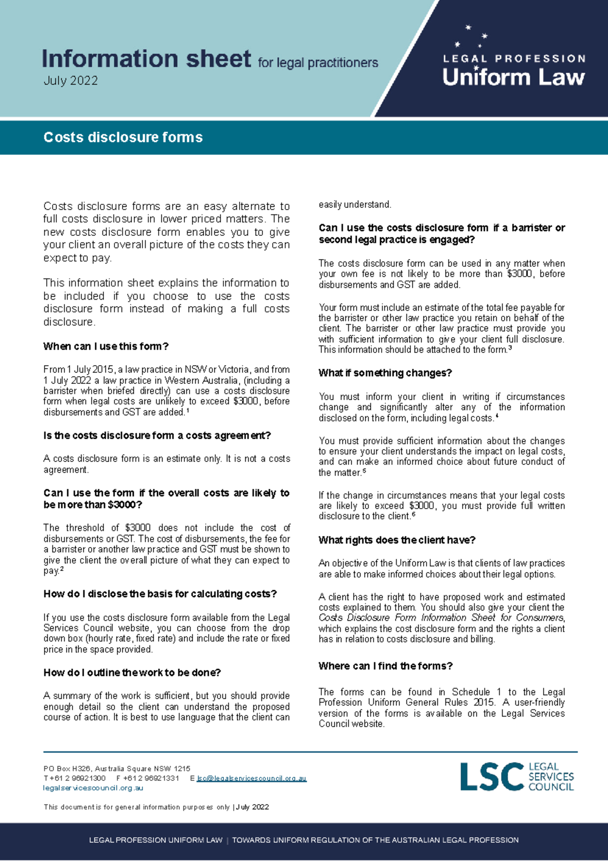 Information sheet for legal practitioners Costs disclosure formsJuly