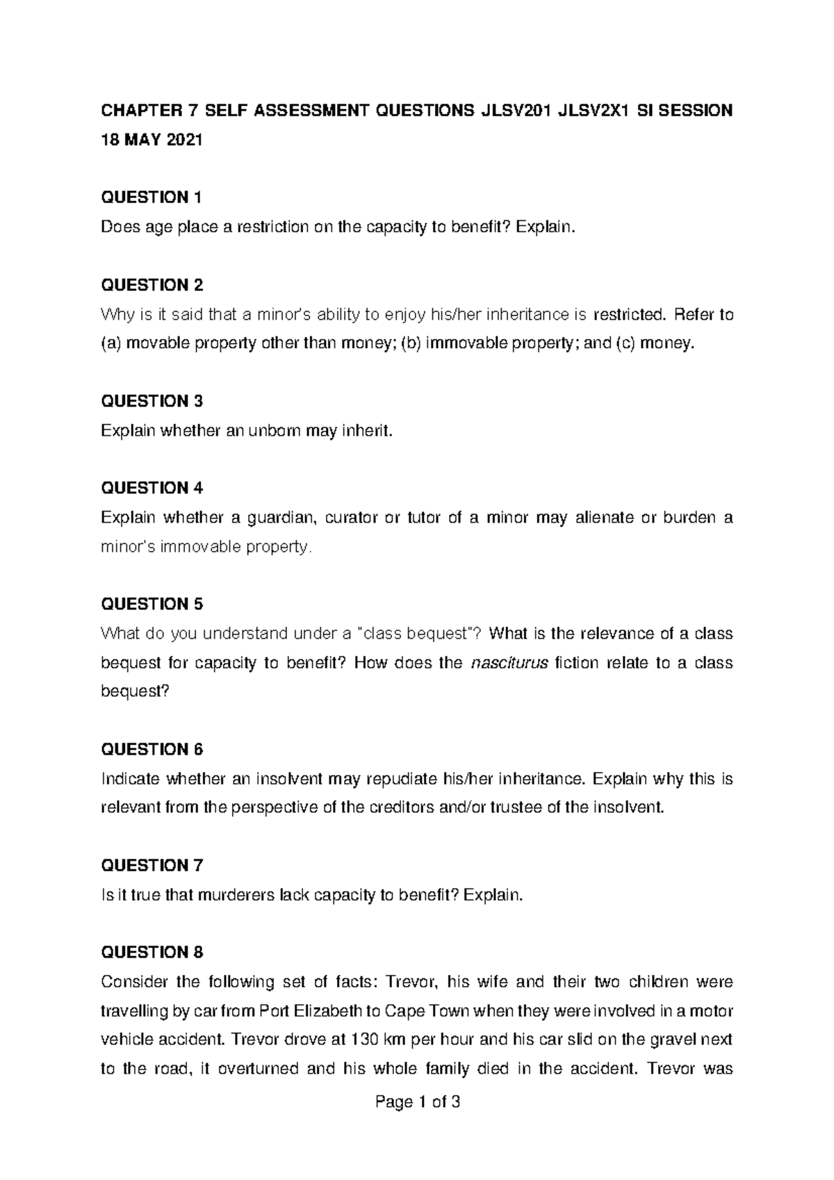 Chapter 7 SELF Assessment Questions JLSV201 JLSV2X1 SI Session 18 MAY ...