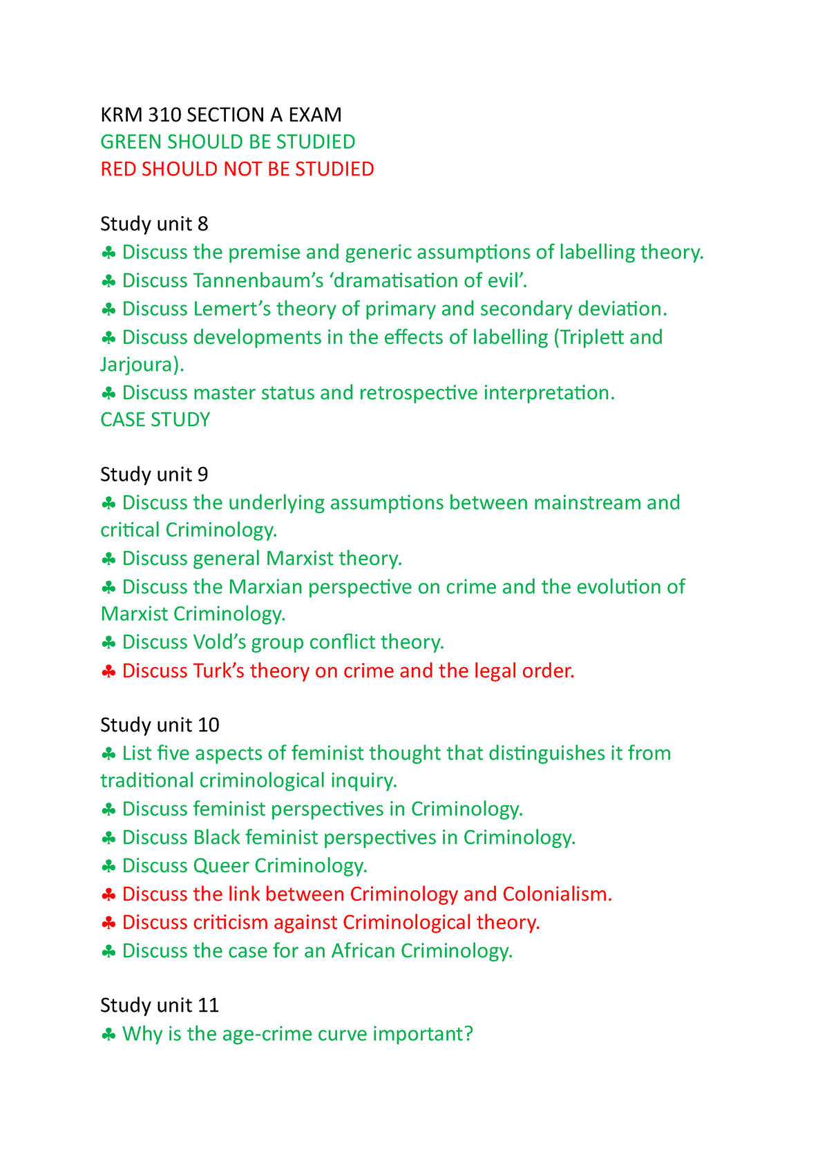 KRM 310 Section A EXAM - KRM 310 SECTION A EXAM GREEN SHOULD BE STUDIED ...