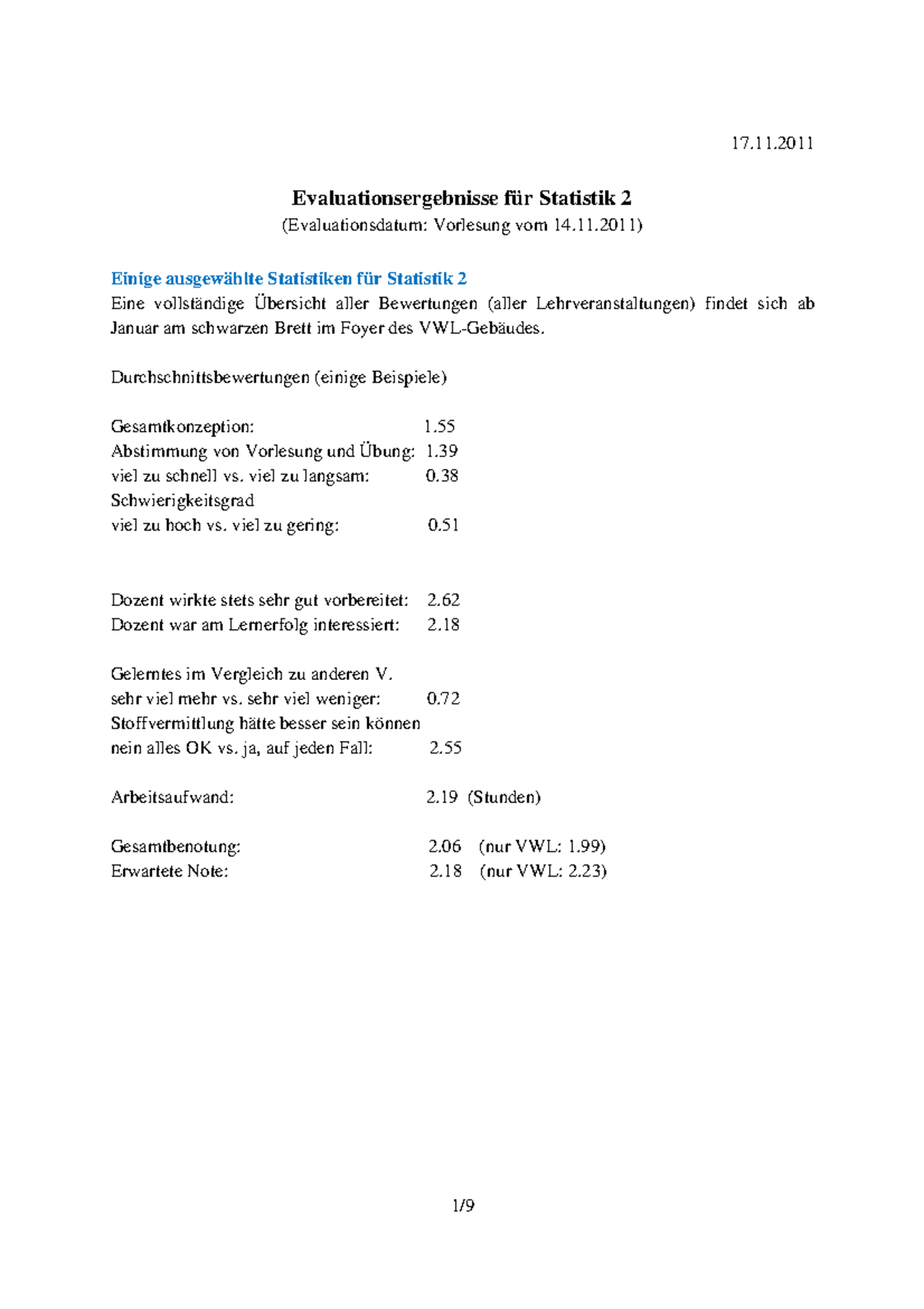 Evaluationsergebnis - 17. Evaluationsergebnisse Für Statistik 2 ...