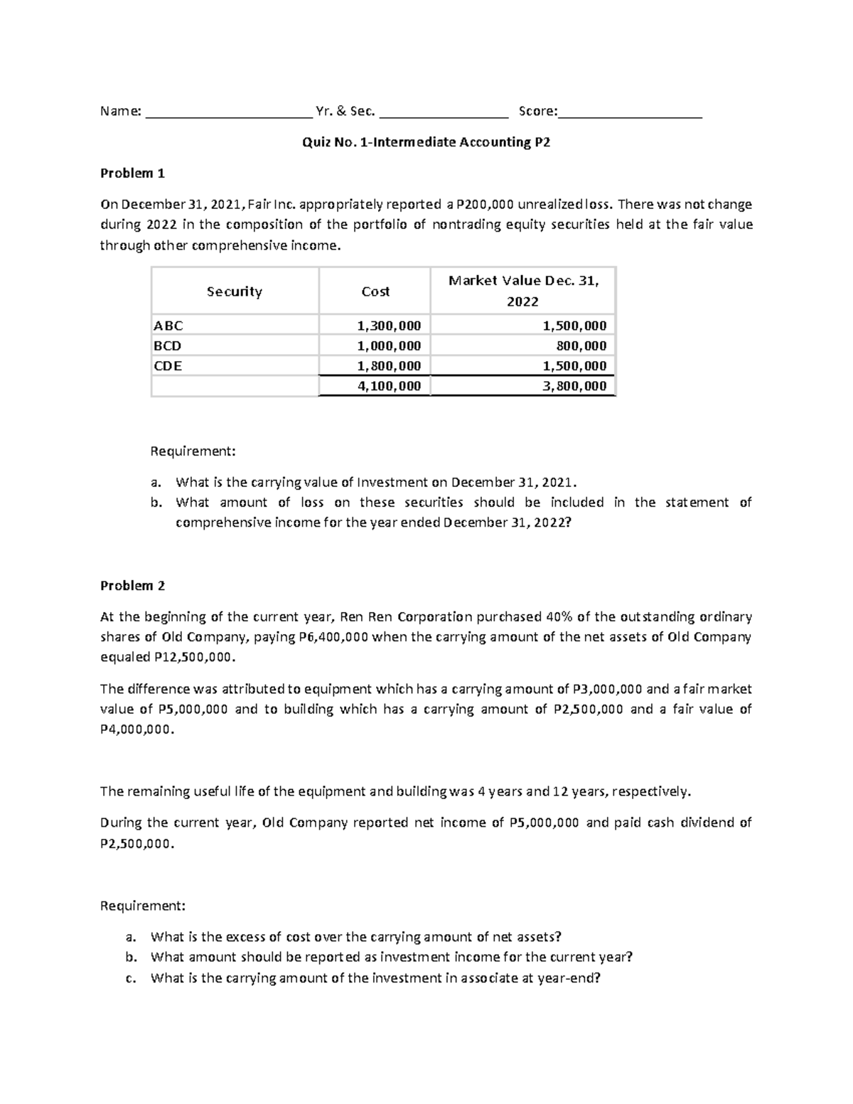 Quiz-No for accounting problems - Name: ______________________ Yr ...