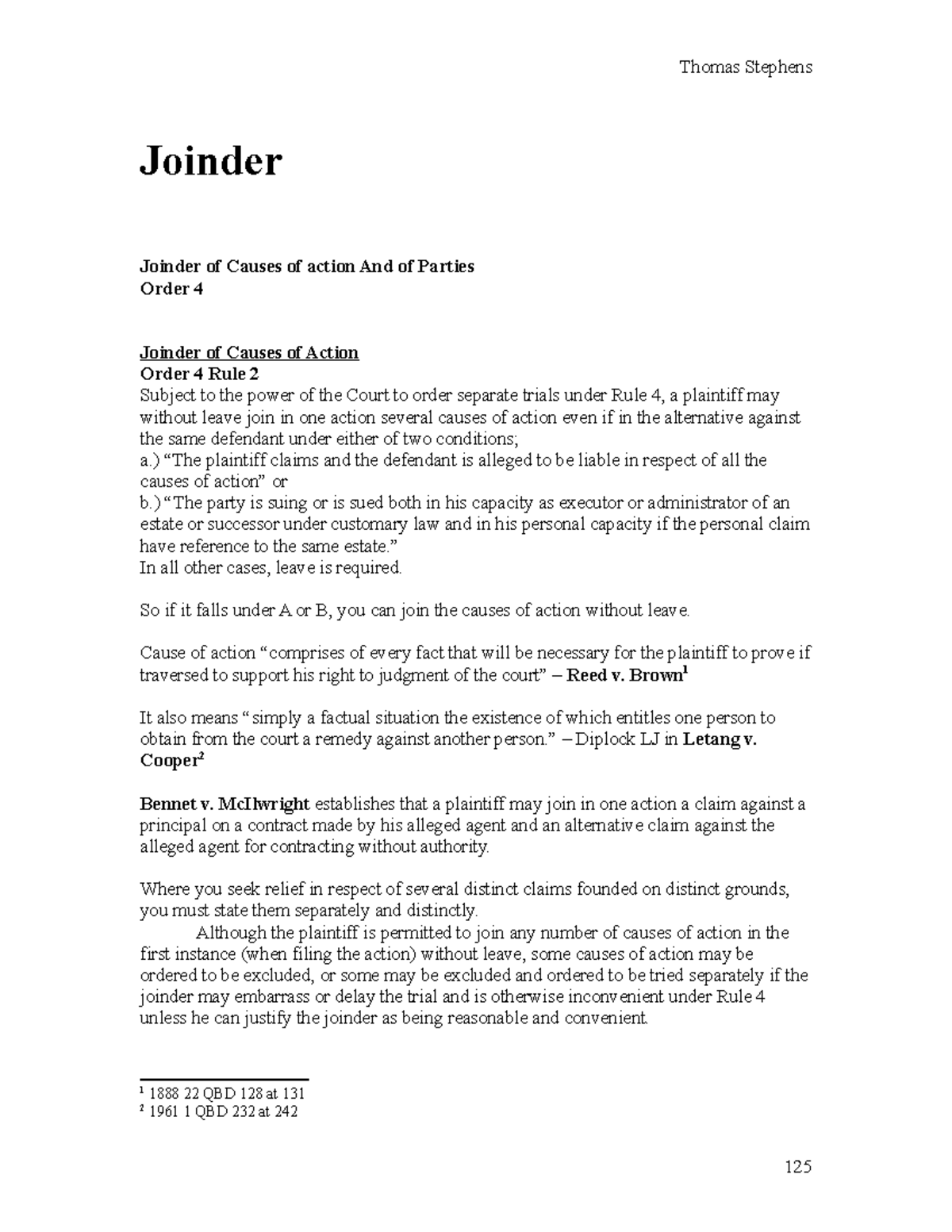 Civil Procedure Notes 2 - Joinder Joinder Of Causes Of Action And Of ...