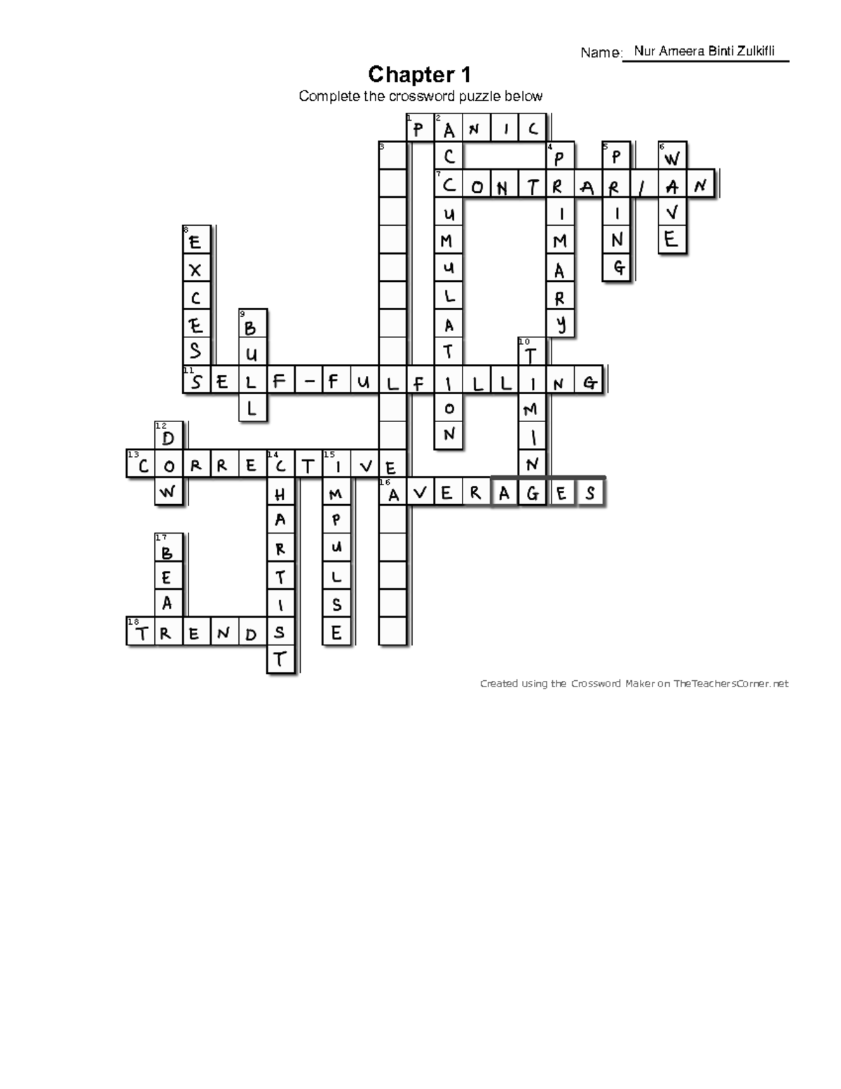 Crossword Puzzle NUR Ameera Binti Zulkifli Complete The Crossword Puzzle Below Chapter 