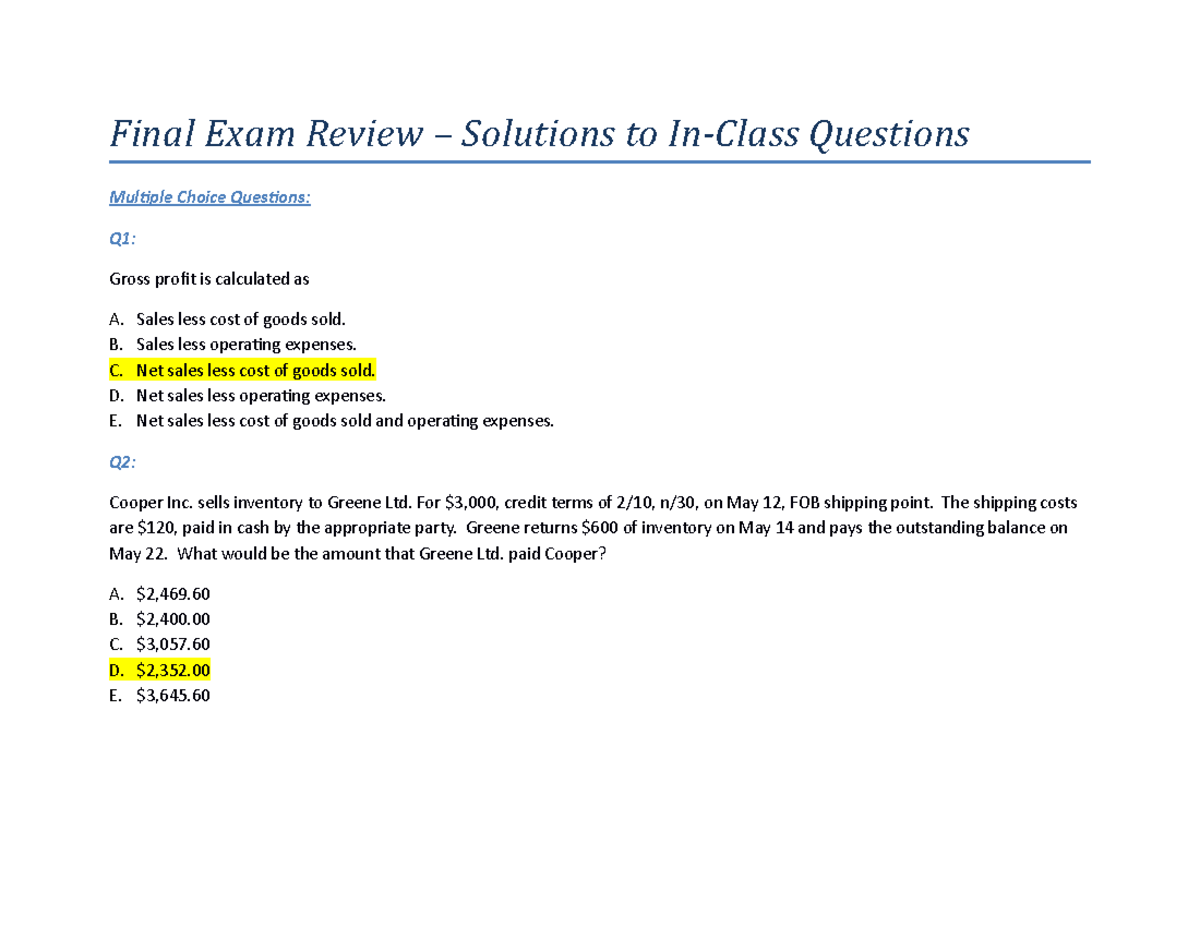 Final Exam Review - In Class Demo Questions - Solutions - Final Exam ...