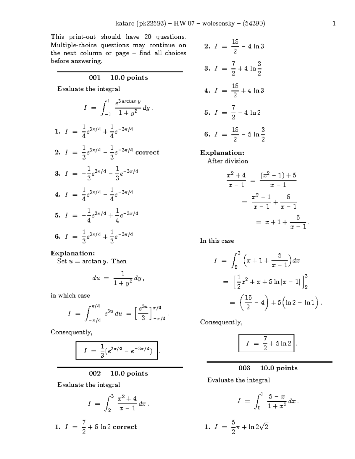 Hw 07-solutions - Integral Calc Hw 7 With Solutions And Explanation 