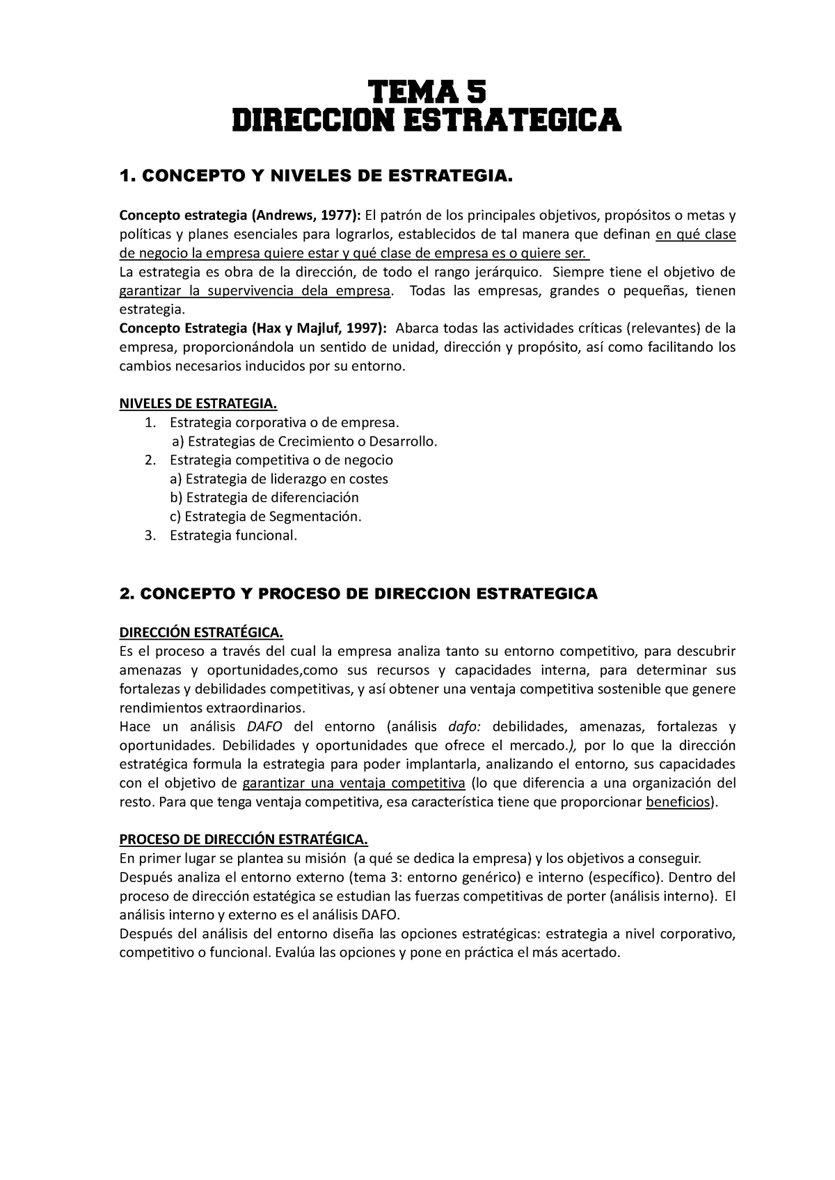 Tema 5 Tema 5 Direccion Estrategica 1 Concepto Y Niveles De Estrategia Concepto Estrategia 5541