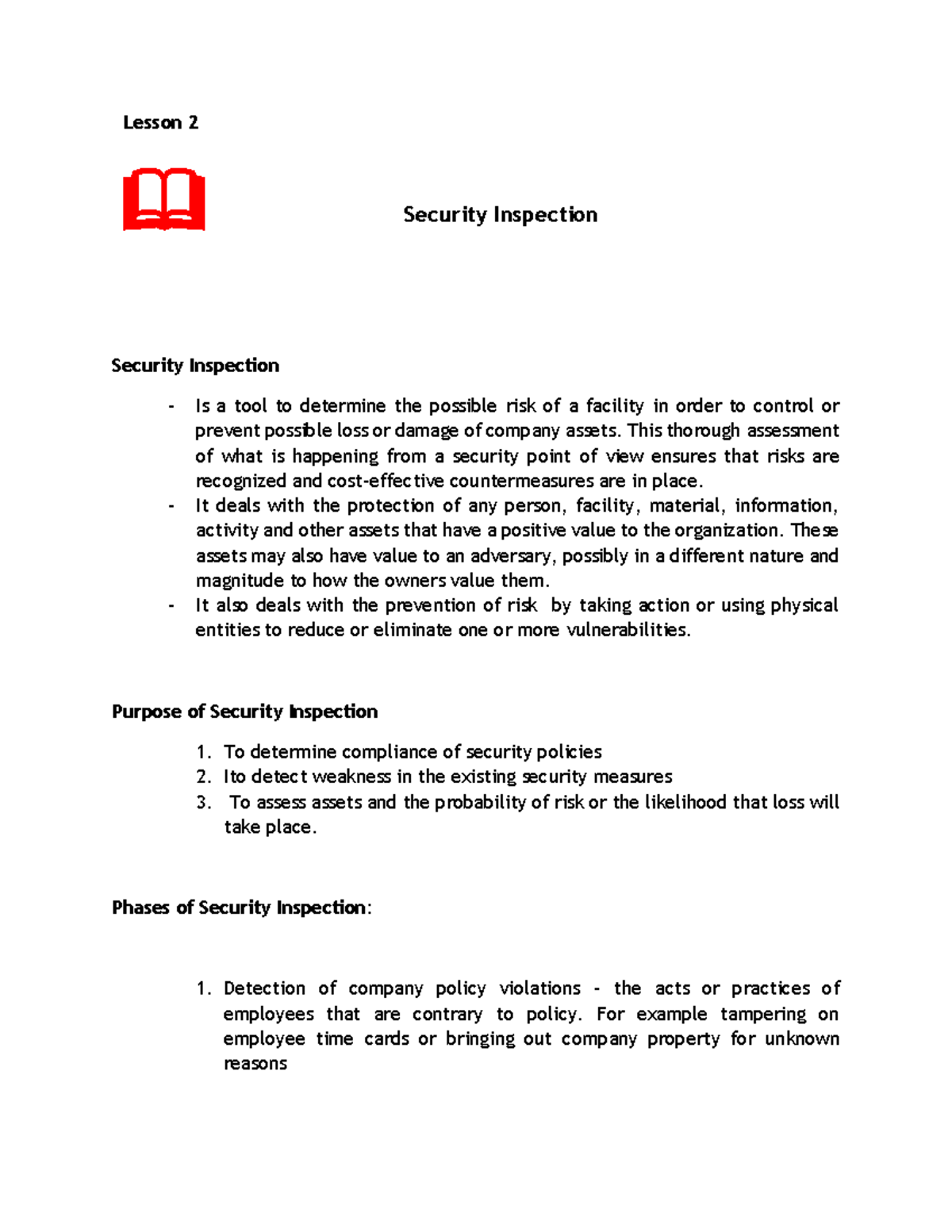 Security Inspection Lesson 2 Security Inspection Is a tool to determine the possible risk of a