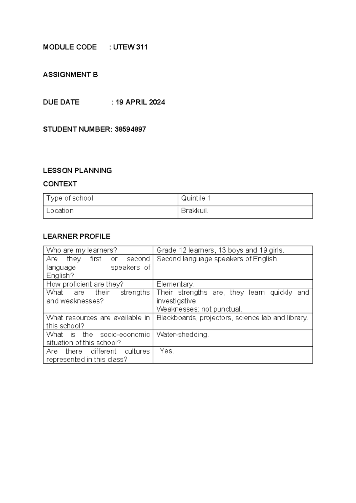 UTEW311 Lesson PLAN B 2 - Noted - MODULE CODE : UTEW 311 ASSIGNMENT B ...