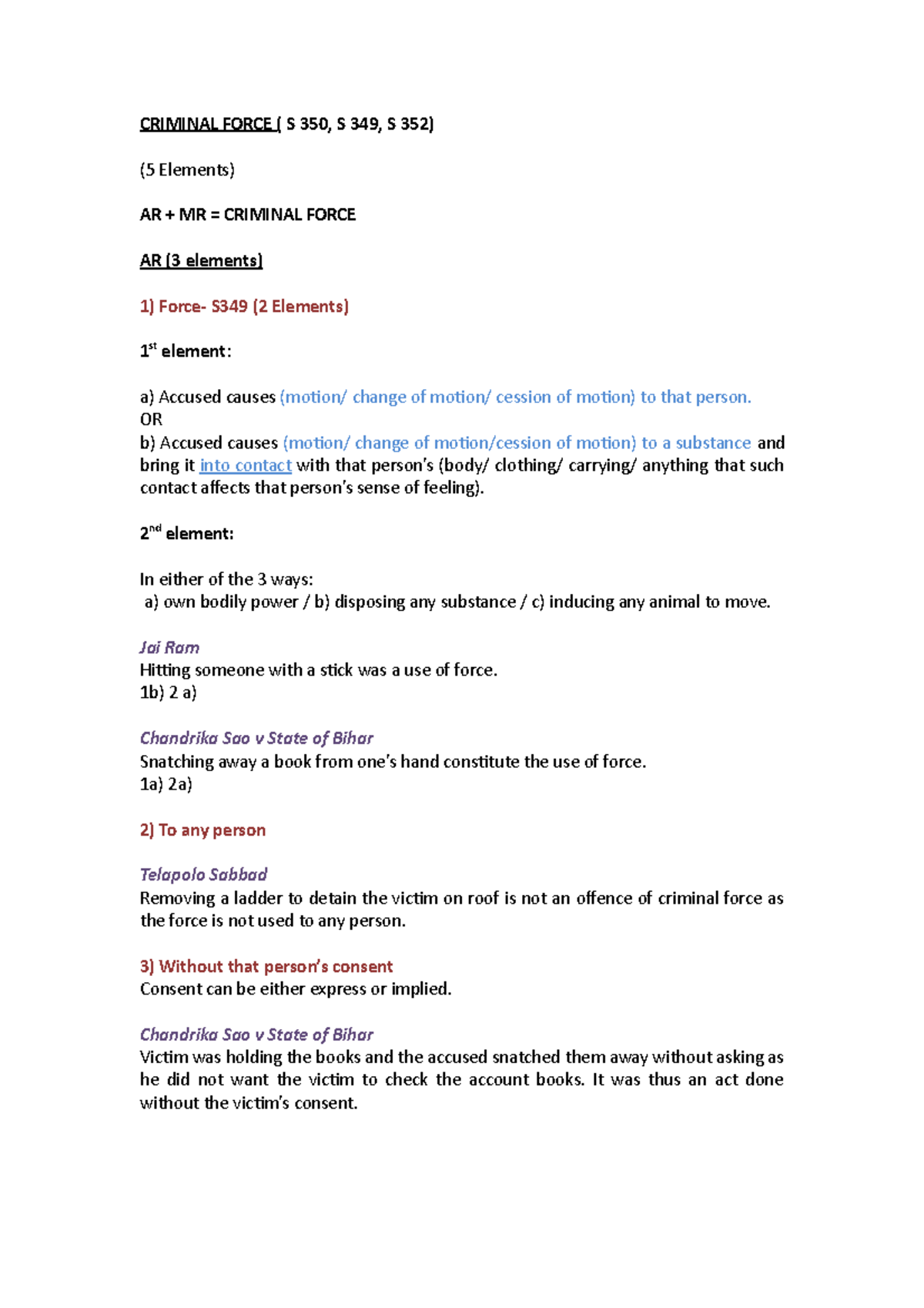 Notes Criminal Force - CRIMINAL FORCE ( S 350, S 349, S 352) (5 ...
