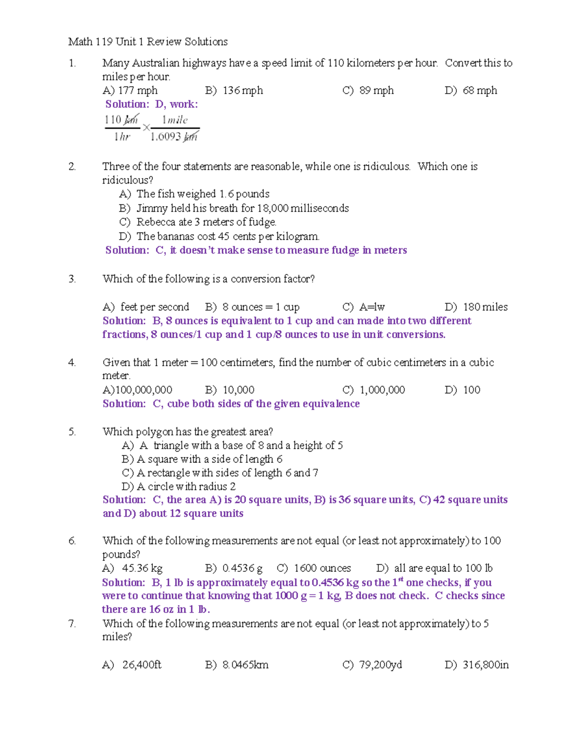 Unit 1 Review Questions Online 3 Units Solutions Math 119 Unit 1 Review Solutions Many