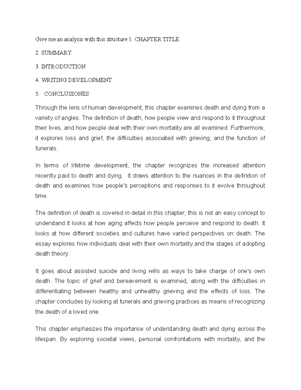 Give me an analysis with this structure 1 - CHAPTER TITLE 2. SUMMARY 3 ...