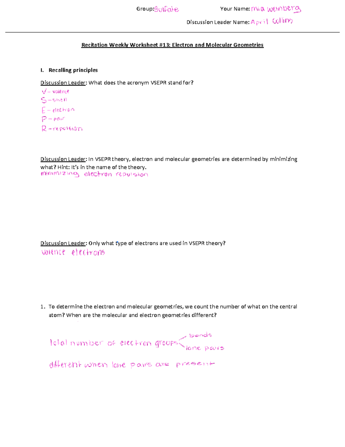 Recitation worksheet all geometries F23 105 - Group: Your Name ...