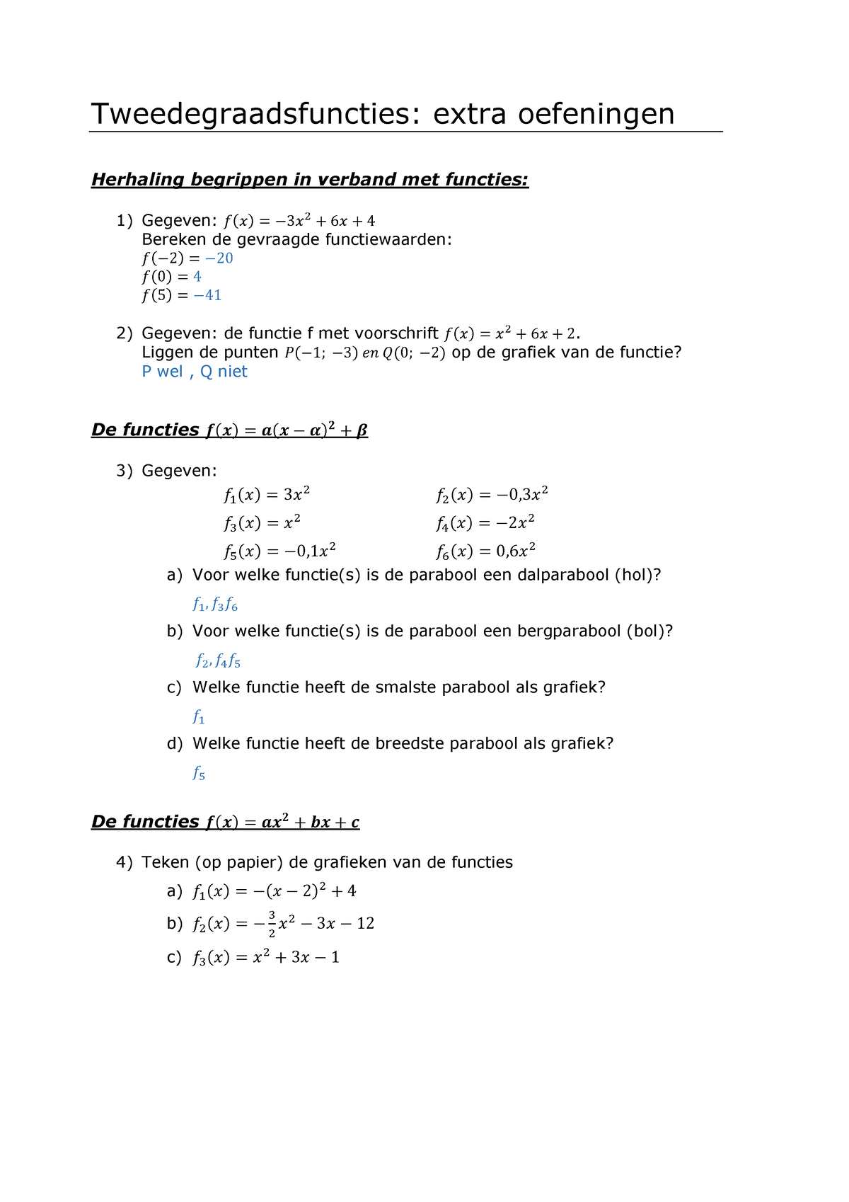 Tweedegraadsfuncties Extra Oefeningen Verbetersleutel Wiskunde My Xxx