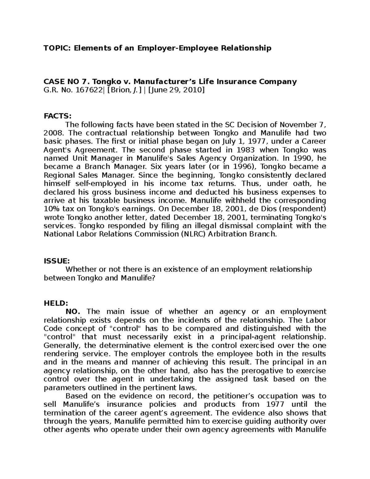 Case No 7 Tongko V Manufacturer s Life Insurance Company TOPIC 