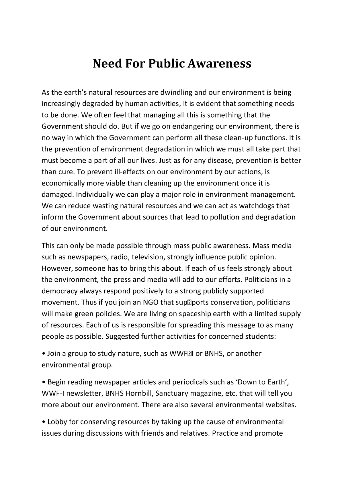 essay on need for public awareness about environment