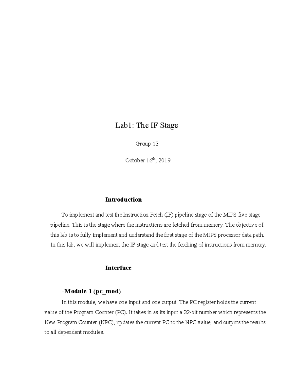 CSE401lab1 - Yunfei Hou - Lab1: The IF Stage Group 13 October 16th ...