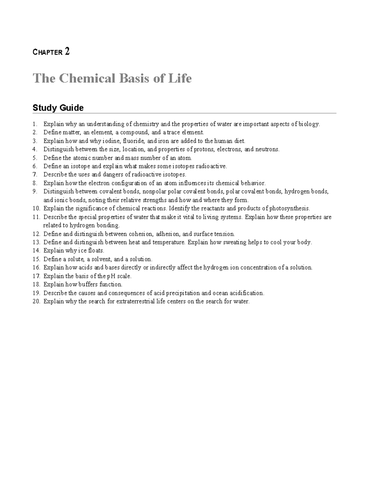 Ch2 Notes And Study Guide - C HAPTER 2 The Chemical Basis of Life Study ...
