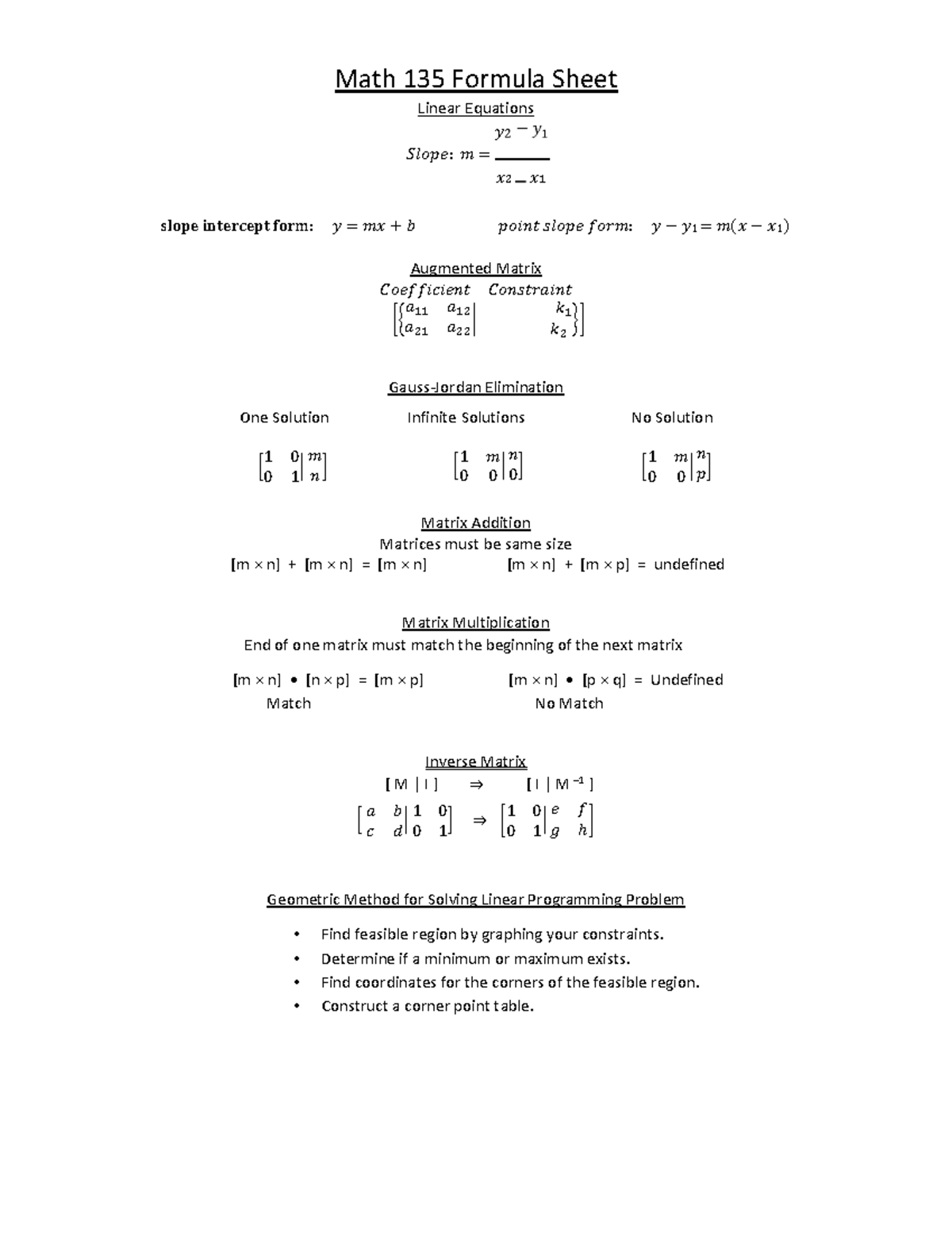 M135 Formula Sheet - Math 135 Formula Sheet Linear Equations þ 𝕆þāĂă: ÿ ...