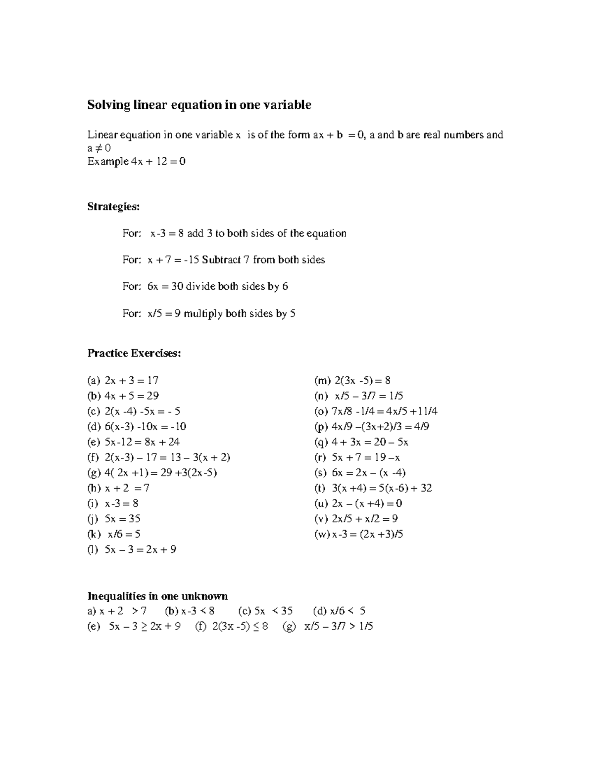 Linear+equations+worksheet - Solving linear equation in one variable ...