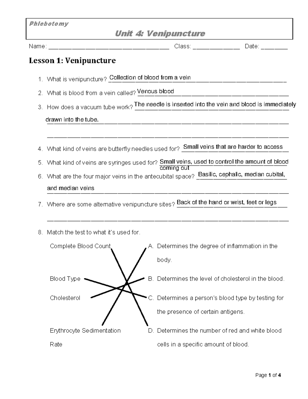 4. Venipuncture Worksheet - Unit 4: Venipuncture Name