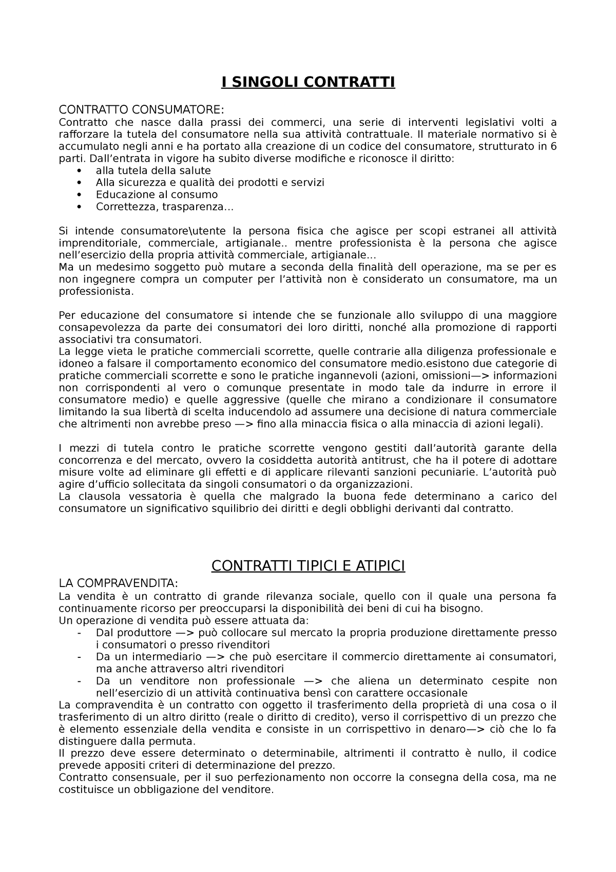 Copia Di Diritto Privato I Singoli Contratti Contratto Consumatore Contratto Che Nasce