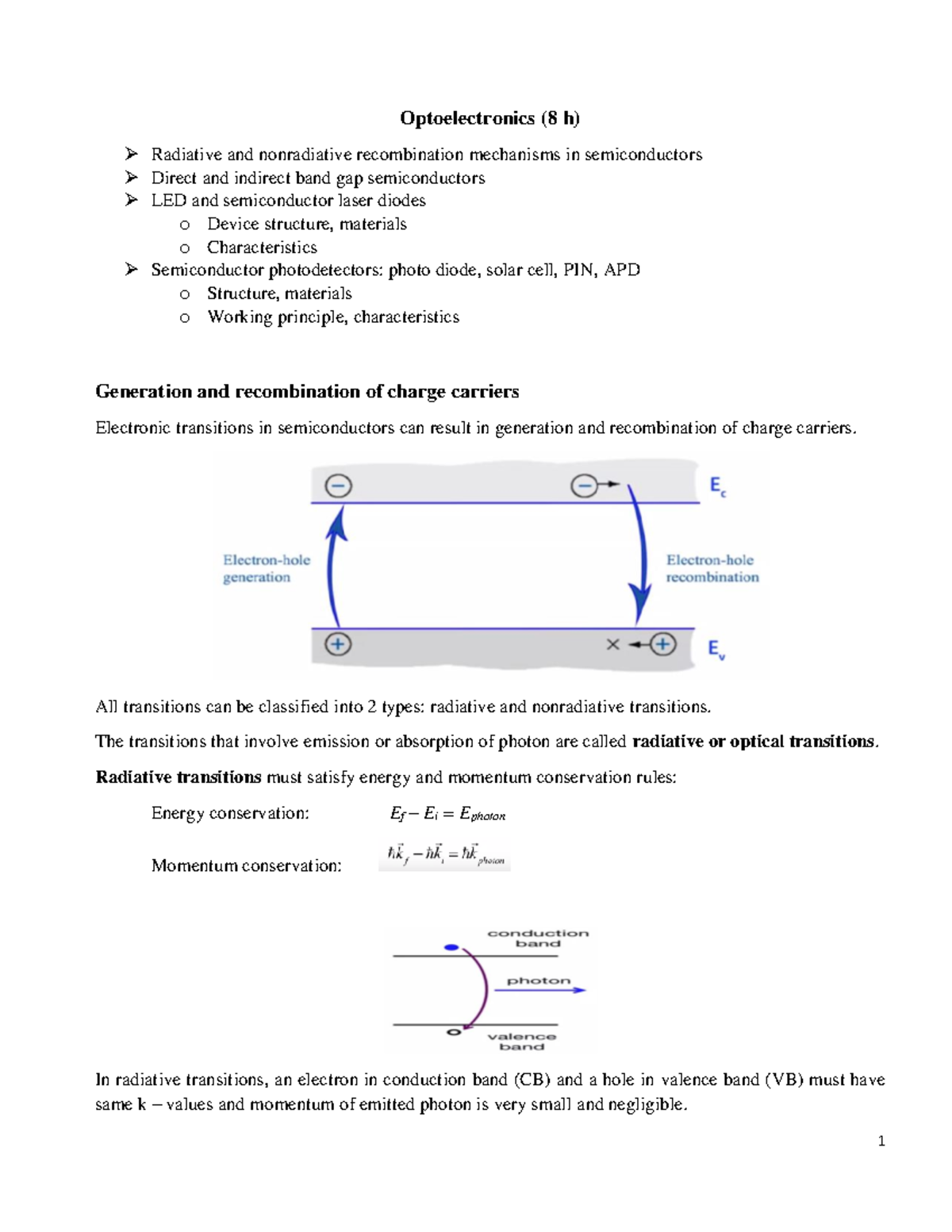 UNIT II Optoelectronics Optoelectronics (8 h) Radiative and