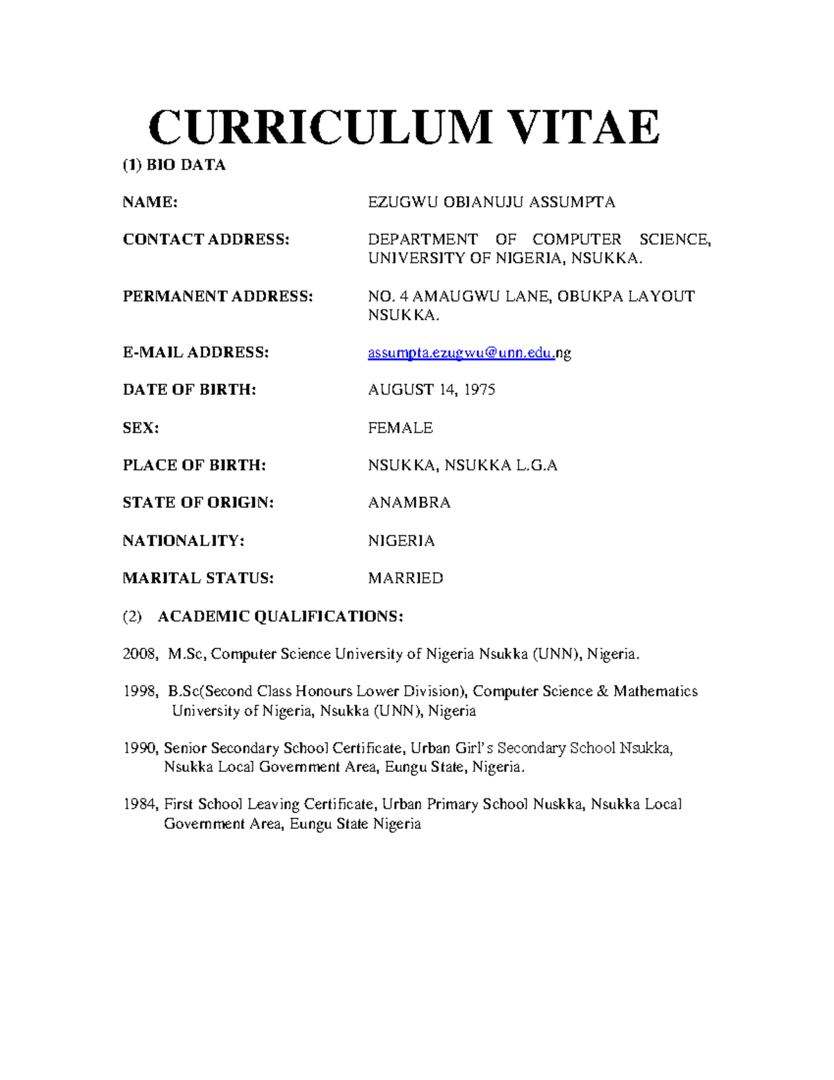 828 Ezugwu Obianuju - computer package - CURRICULUM VITAE (1) BIO DATA ...