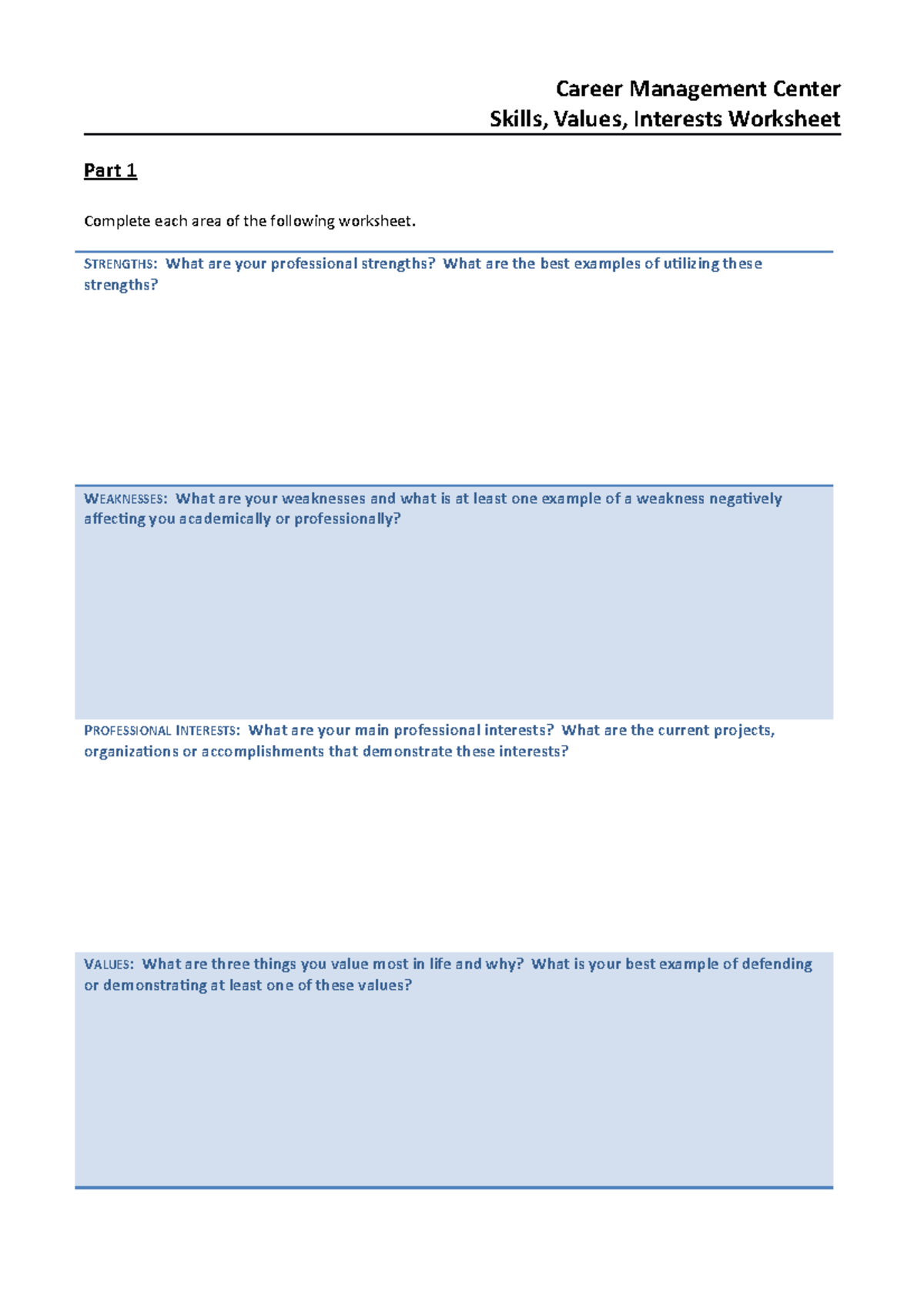 Worksheet - Skills, Interests And Values Matching - Career Management ...