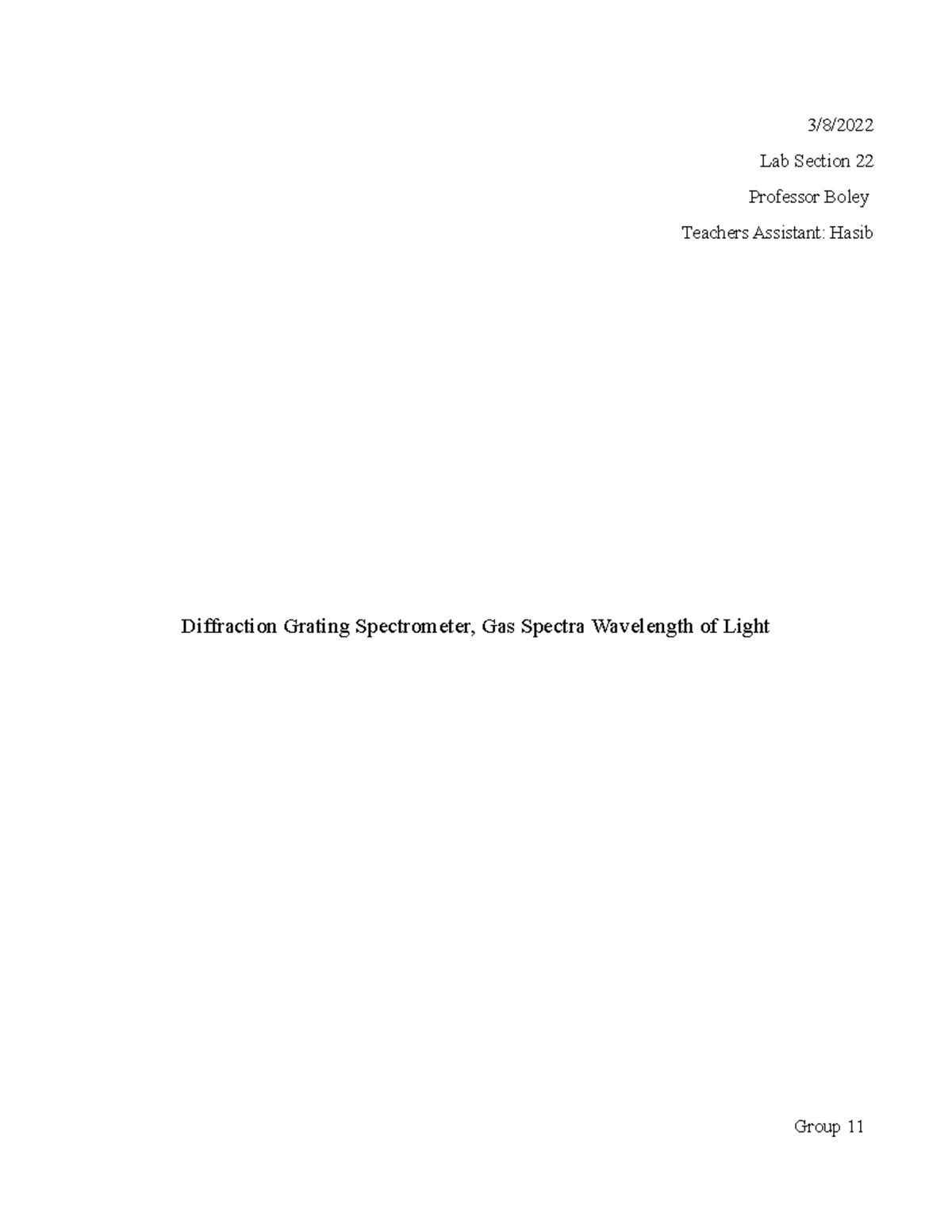 Diffraction Grating Spectrometer, Gas Spectra Wavelength of Light In