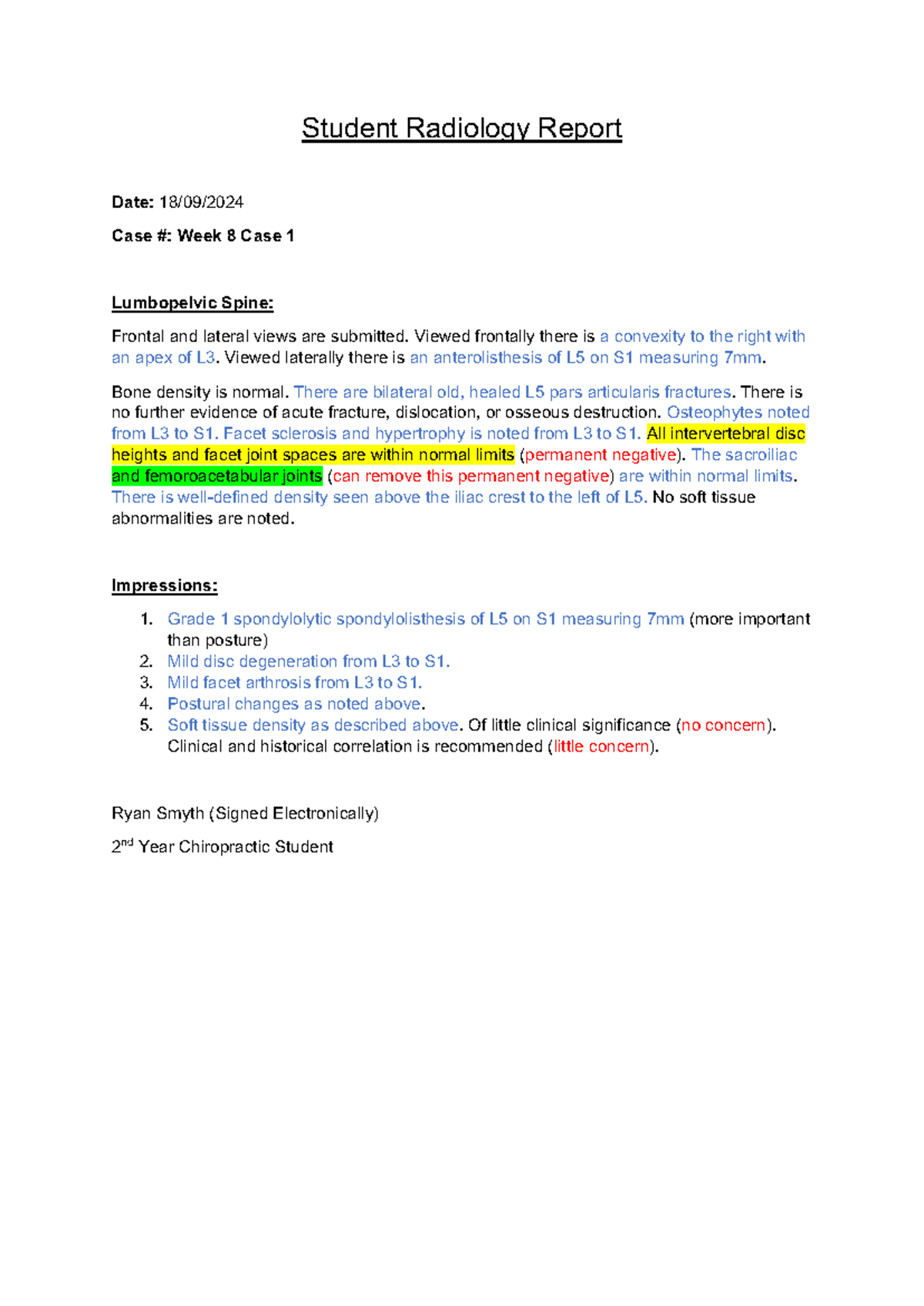 Lumbar Spine - Report Exemplar - Student Radiology Report Date: 18/09 ...