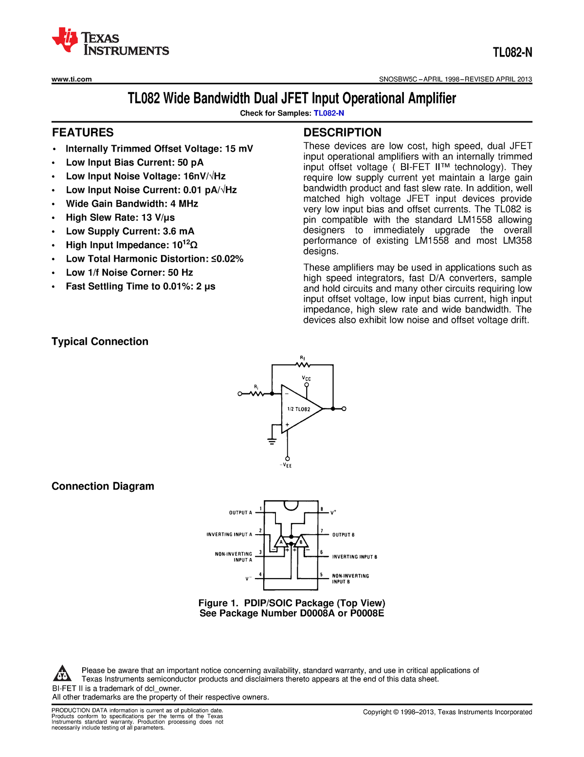 Tl082-n - cxcxcx - ti SNOSBW5C – APRIL 1998 – REVISED APRIL 2013 TL082 ...