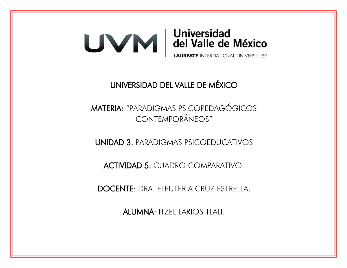 CUADRO COMPARATIVO - UNIVERSIDAD DEL VALLE DE M.. MATERIA: “PARADIGMAS ...