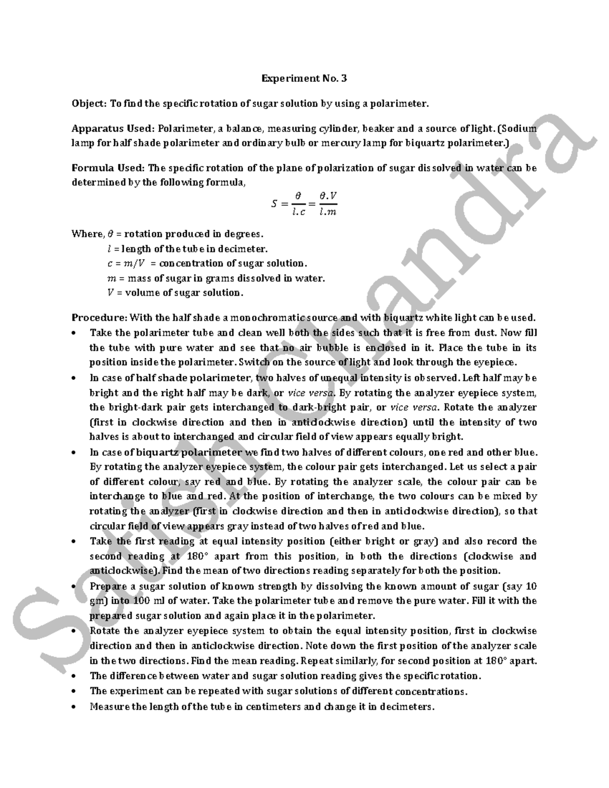Polarimeter - Experiment No. 3 Object: To find the specific rotation of ...
