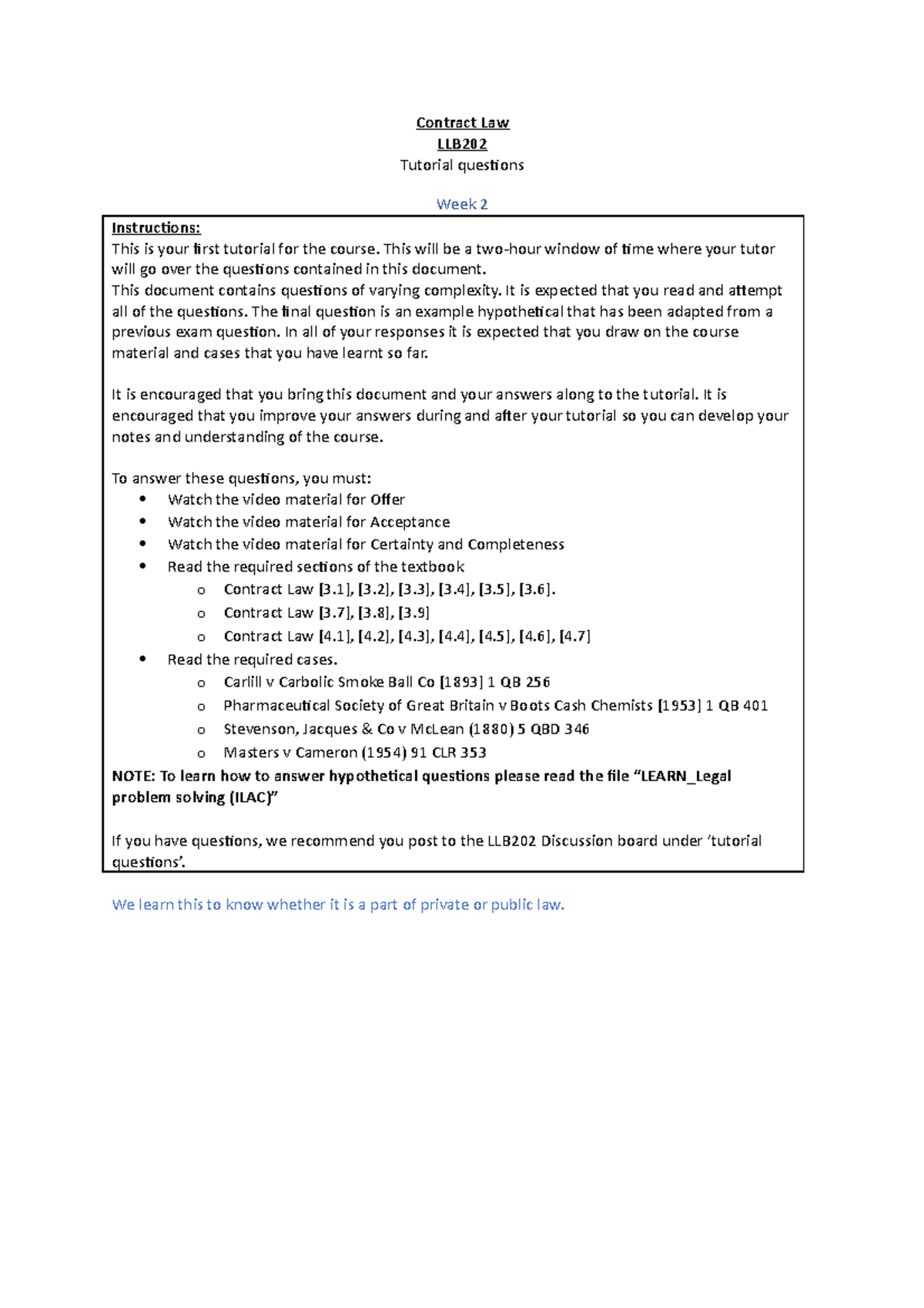 LLB202 W2 Tutorial Questions - Contract Law LLB Tutorial Questions Week ...